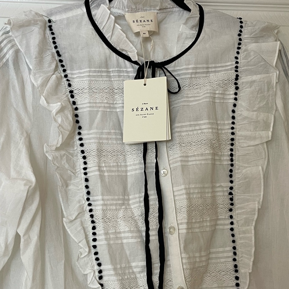 NWT Sezane Chemise Valentin Ivory Blouse with Ebony Accents